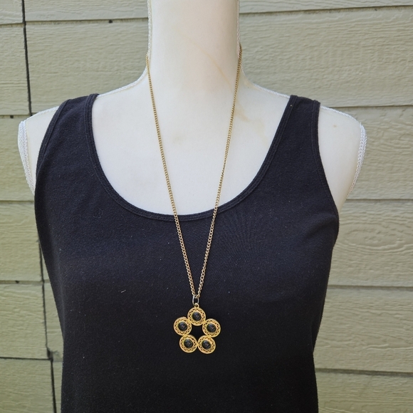 gold tone chain necklace with gray marble and gold tone pendant - Picture 1 of 3